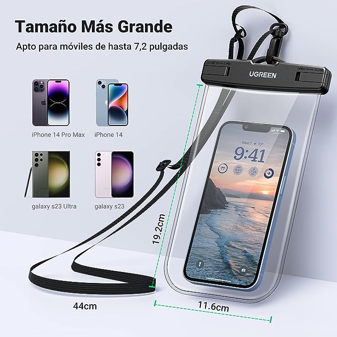 UGREEN Funda Impermeable para Celular, Bolsa para Celular contra Agua, Funda Celular Waterproof para iPhone 14 13 12 11 Pro MAX, Galaxy S23 S22 Ultra, Xiaomi Redmi Note de hasta 7.2 Pulgadas, 2 Pack.