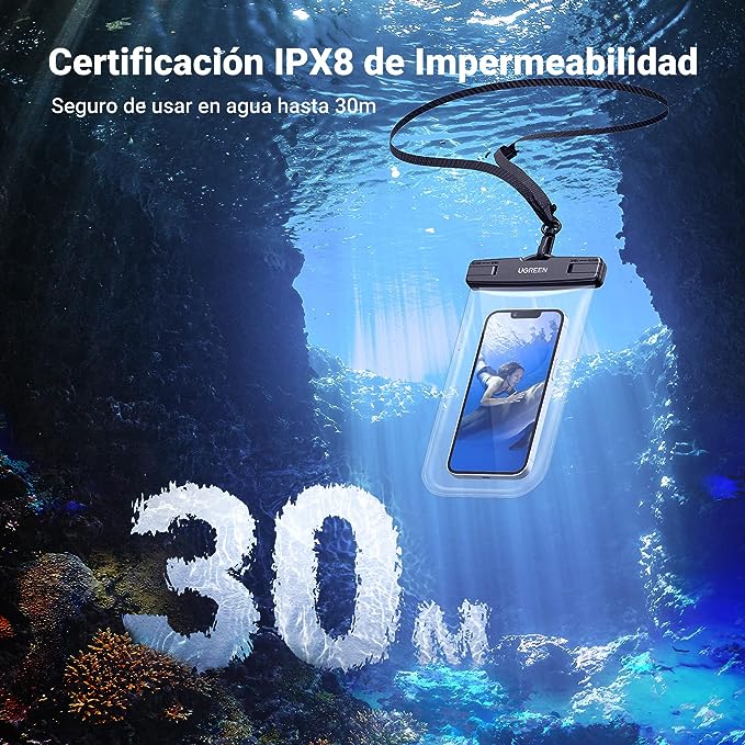 UGREEN Funda Impermeable para Celular, Bolsa para Celular contra Agua, Funda Celular Waterproof para iPhone 14 13 12 11 Pro MAX, Galaxy S23 S22 Ultra, Xiaomi Redmi Note de hasta 7.2 Pulgadas, 2 Pack.
