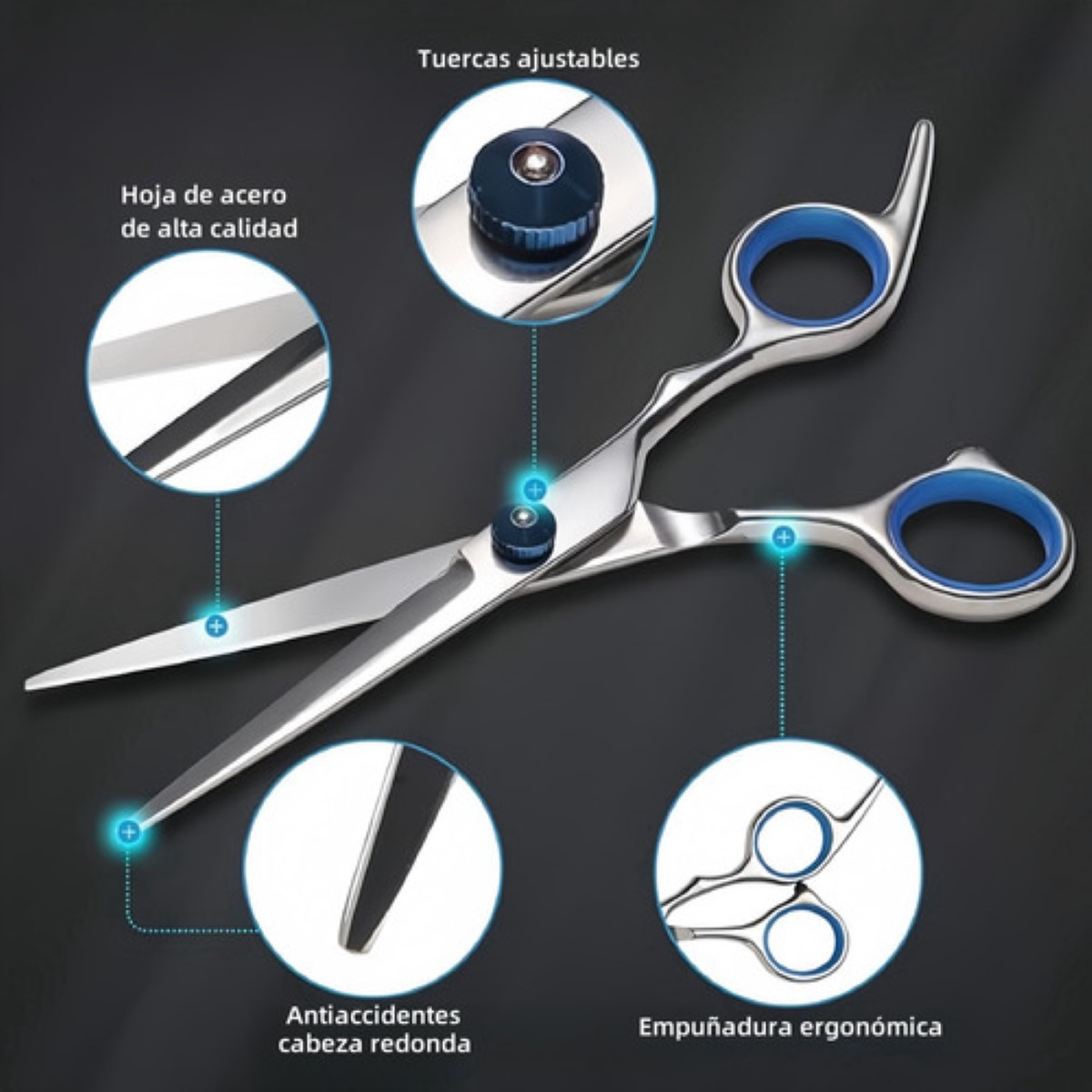 "Tijeras Estilista Barbero Profesionales Para Cortar Cabello Plata Azul "