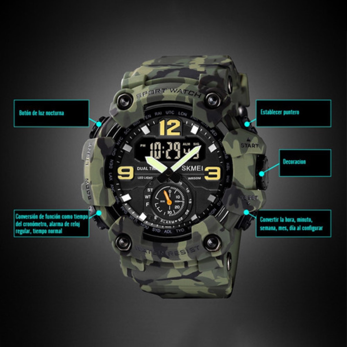 Reloj de pulsera Skmei analogico camuflajeado verde