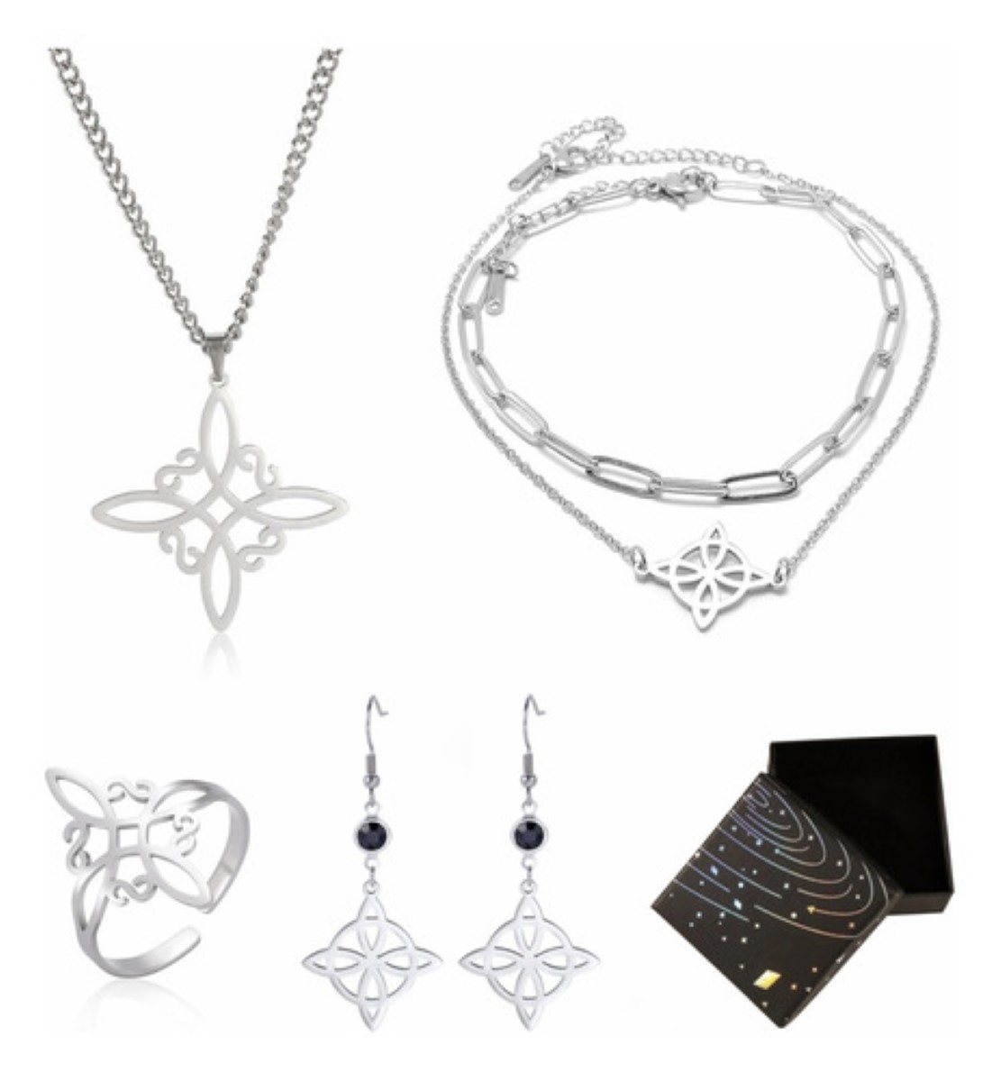 "Set Dije Cadena Anillo Aretes Pulsera Nudo De Bruja Celta plata "