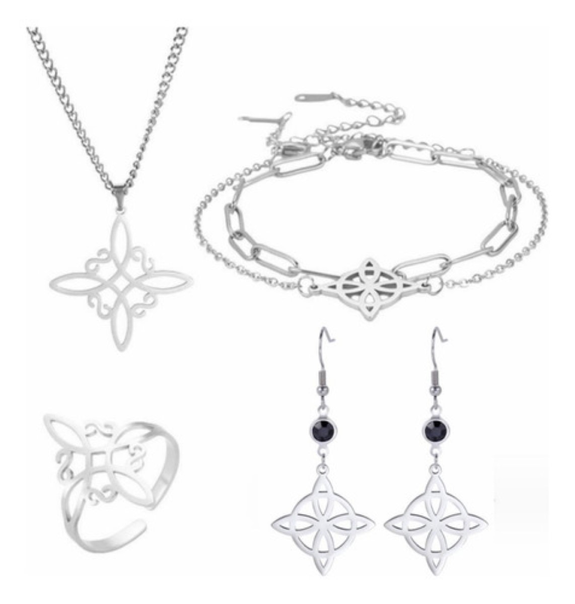 "Set Dije Cadena Anillo Aretes Pulsera Nudo De Bruja Celta plata "