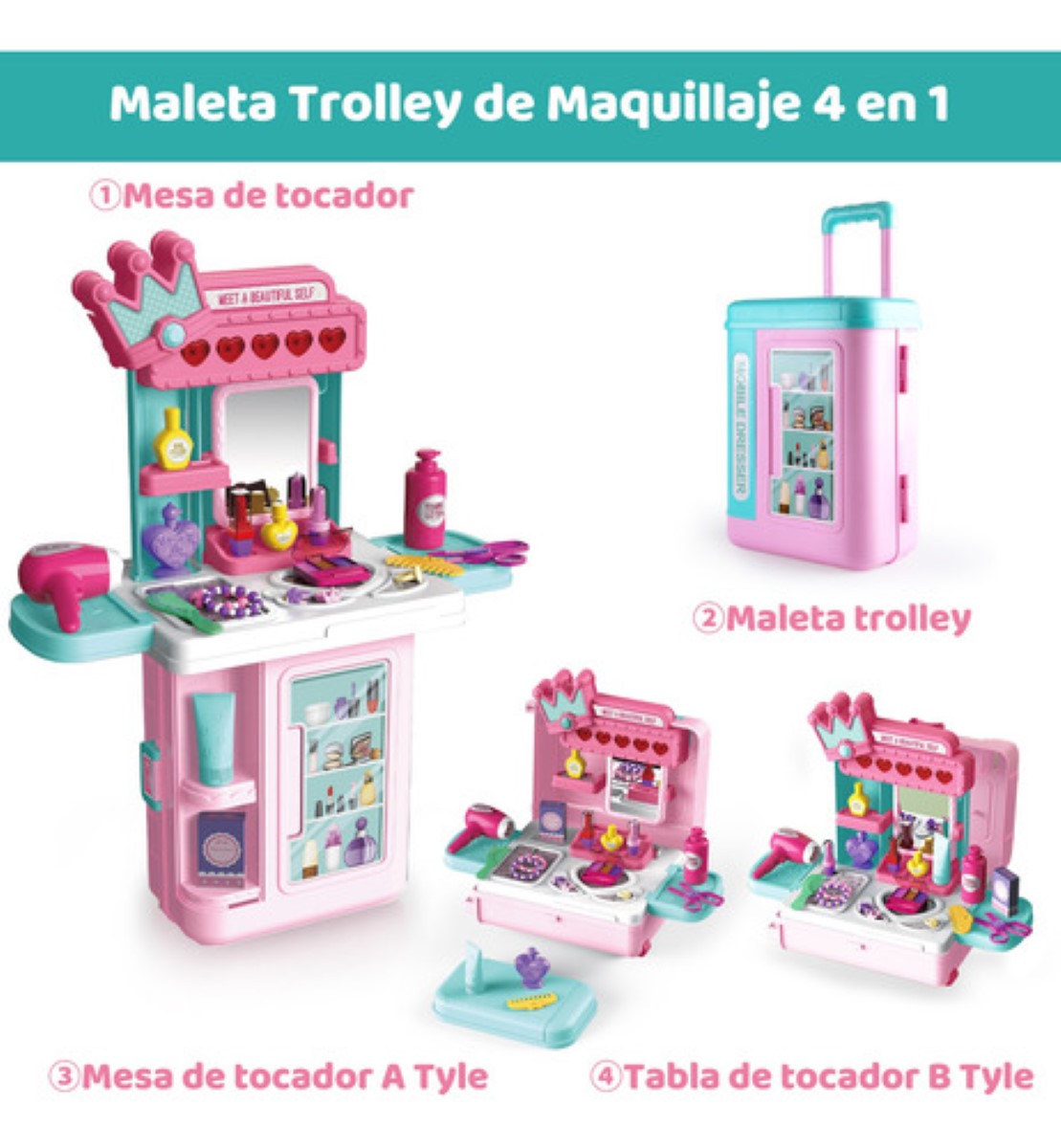 "Belleza Juguete Maquillaje Tocador Para Niñas 4en1 ".