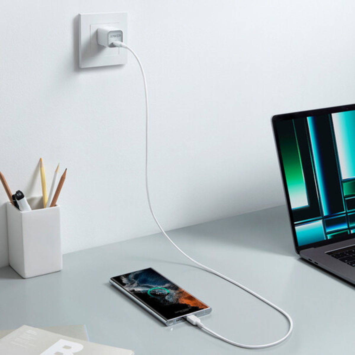 Cable USB C-C Anker 322 trenzado nylon 2mt carga rápida 60W Blanco.