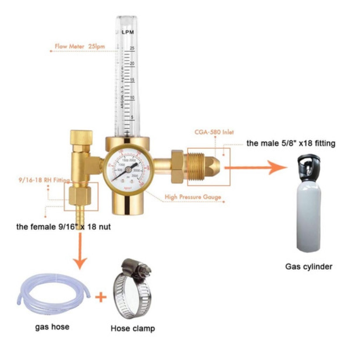 "Regulador Con Flujómetro Para Co2 Y Gas Argón 3500 Psi Color Dorado "
