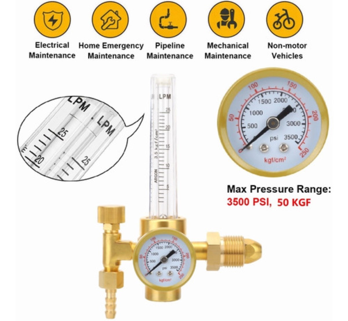 "Regulador Con Flujómetro Para Co2 Y Gas Argón 3500 Psi Color Dorado "