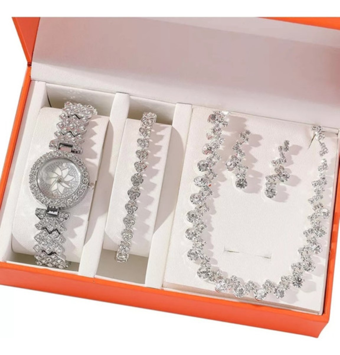 "Set De Reloj Con Caja De Regalo De 4 Piezas Para Mujer plata "