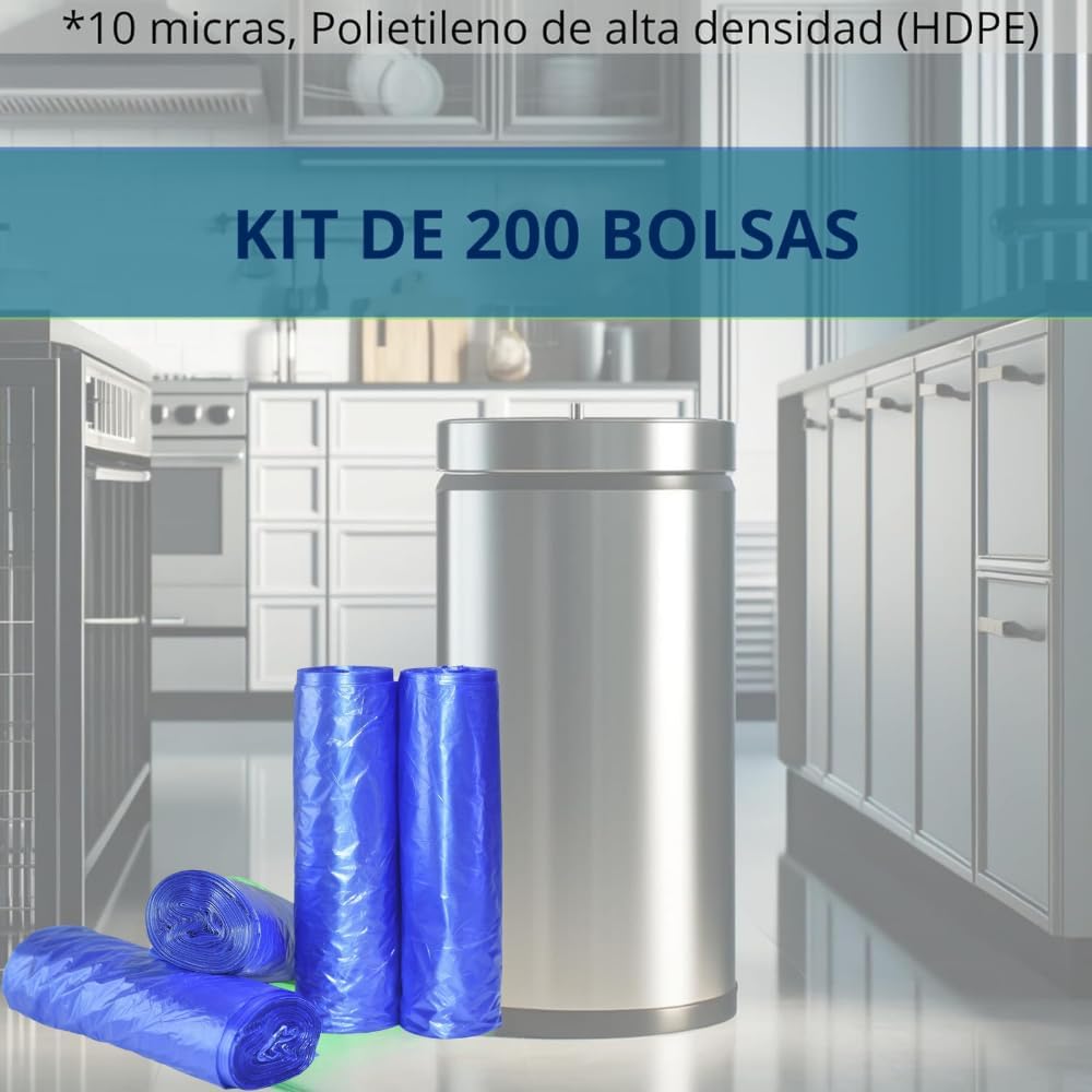 Bolsas de Basura Ideal para Cocina, baño, recámara u Oficina (60 x 84 cm) Biodegradables, color azul (12-16 gal) Paquete de 200 bolsas.