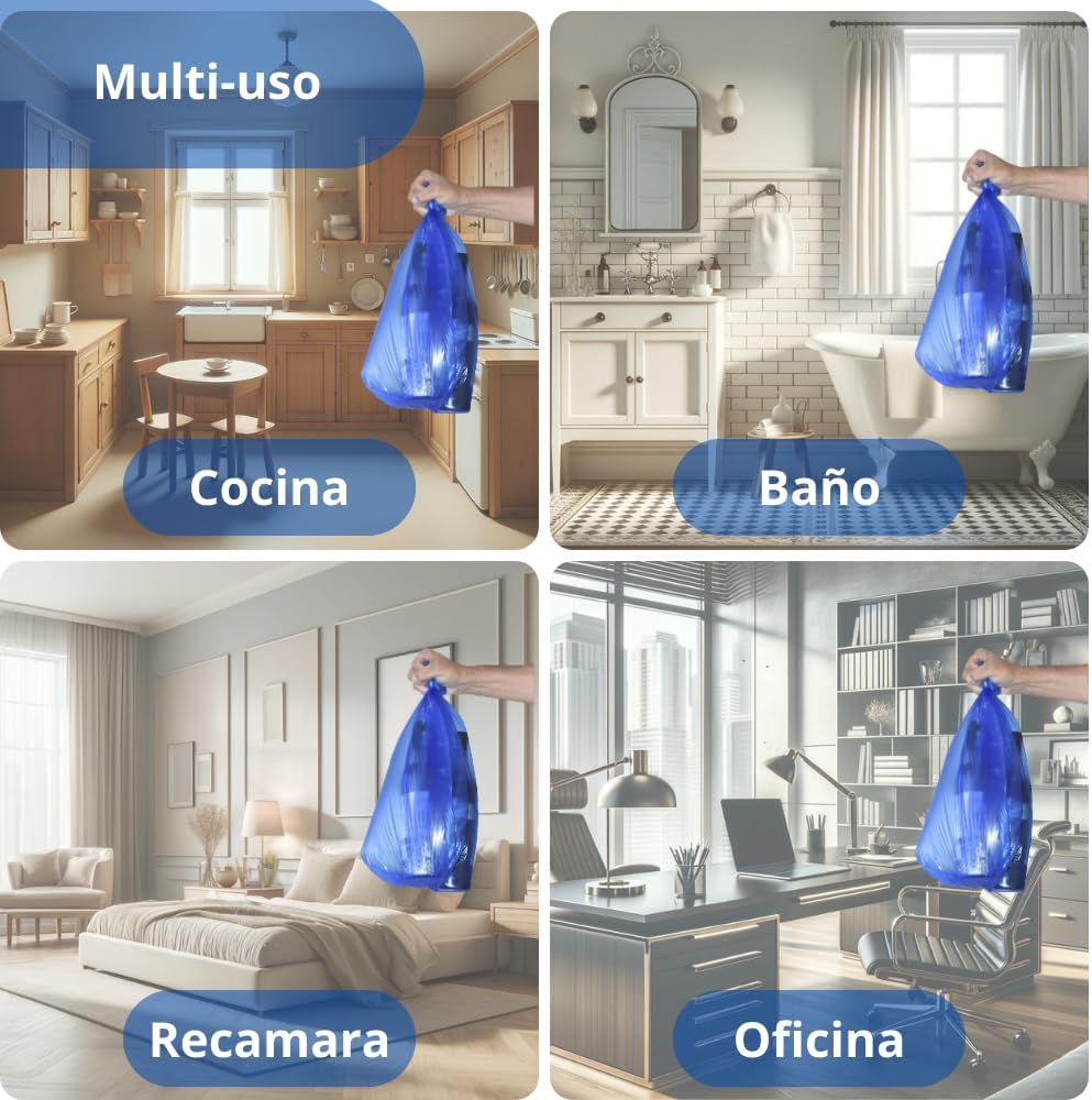 Bolsas de Basura Ideal para Cocina, baño, recámara u Oficina (60 x 84 cm) Biodegradables, color azul (12-16 gal) Paquete de 200 bolsas.