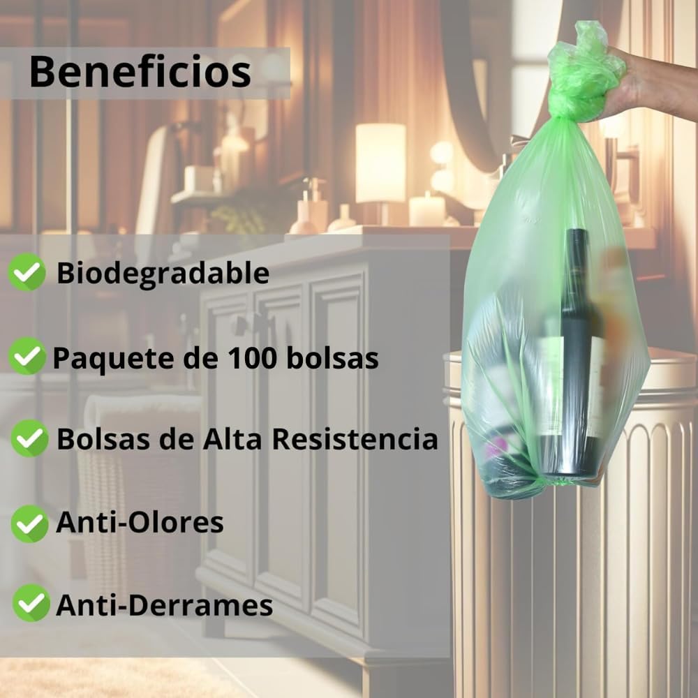 Bolsas de Basura Ideal para Cocina, baño, recámara u Oficina (84 x 102 cm) Biodegradables, color verde (33 gal) Paquete de 100 bolsas