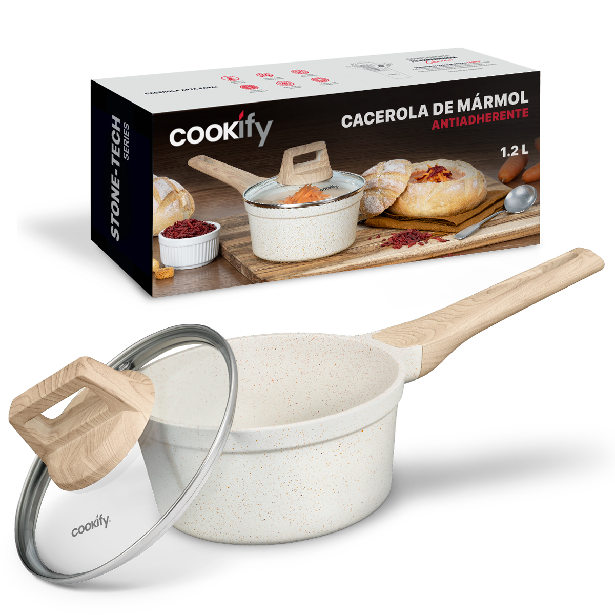 Olla Cacerola Antiadherente Con Tapa 16 cm De Mármol Beige Cookify.
