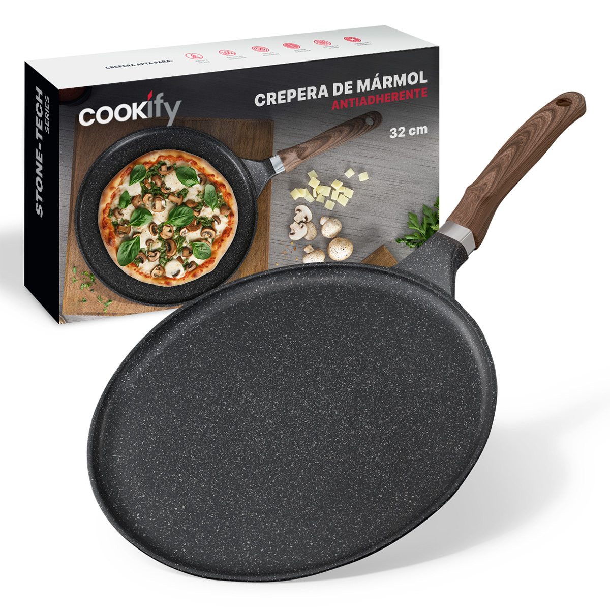 Sartén Crepera Comal De Mármol Con Antiadherente 32 cm Negro Cookify.
