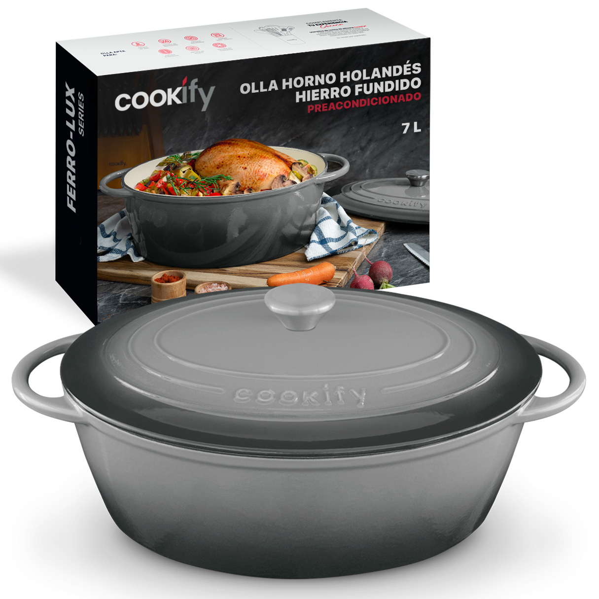 Horno Holandés Olla De Hierro Fundido Con Esmaltado 7 Lts Gris Cookify.
