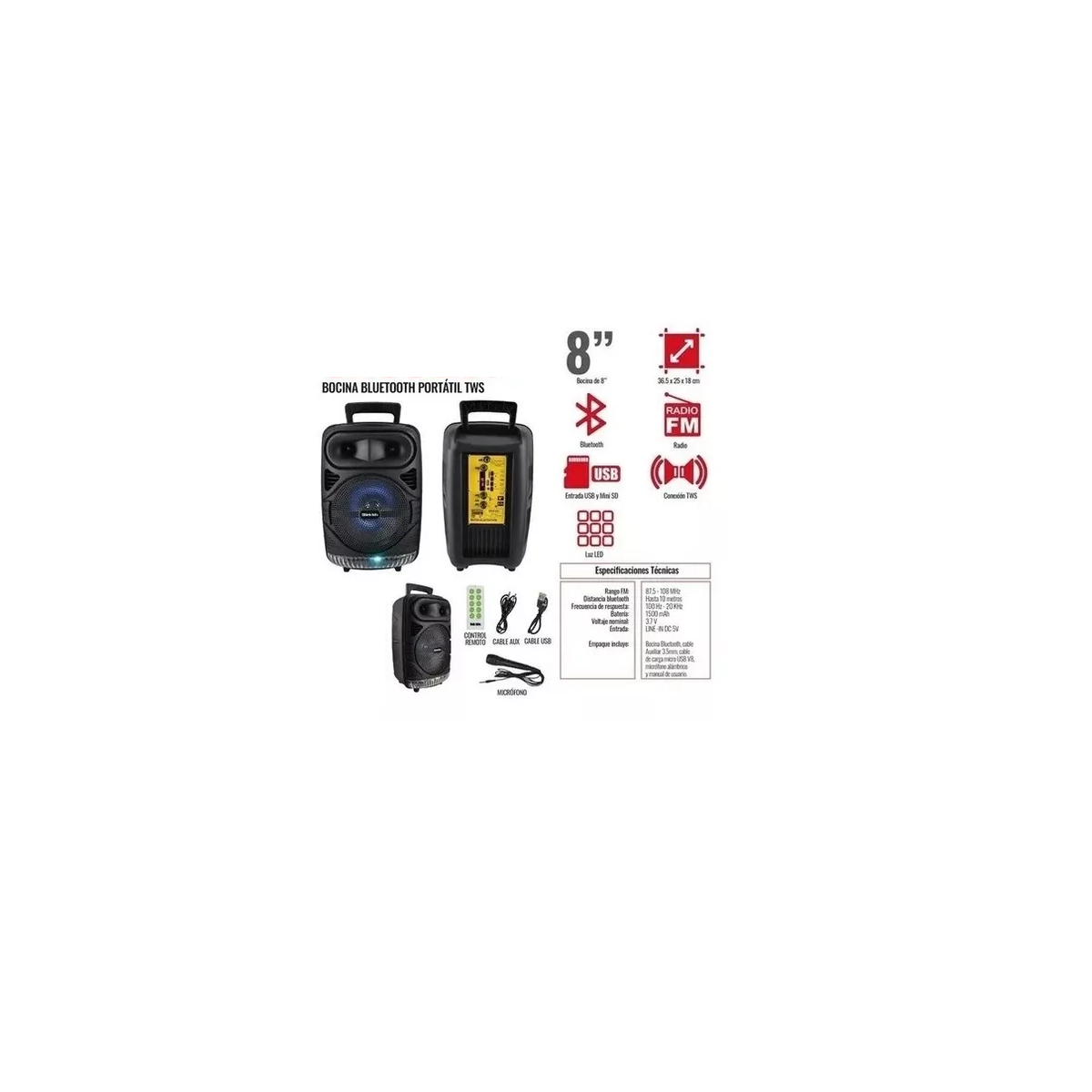 Bocina Bluetooth Grande Luz Led Microfono Tws 8 PuLG Control negro