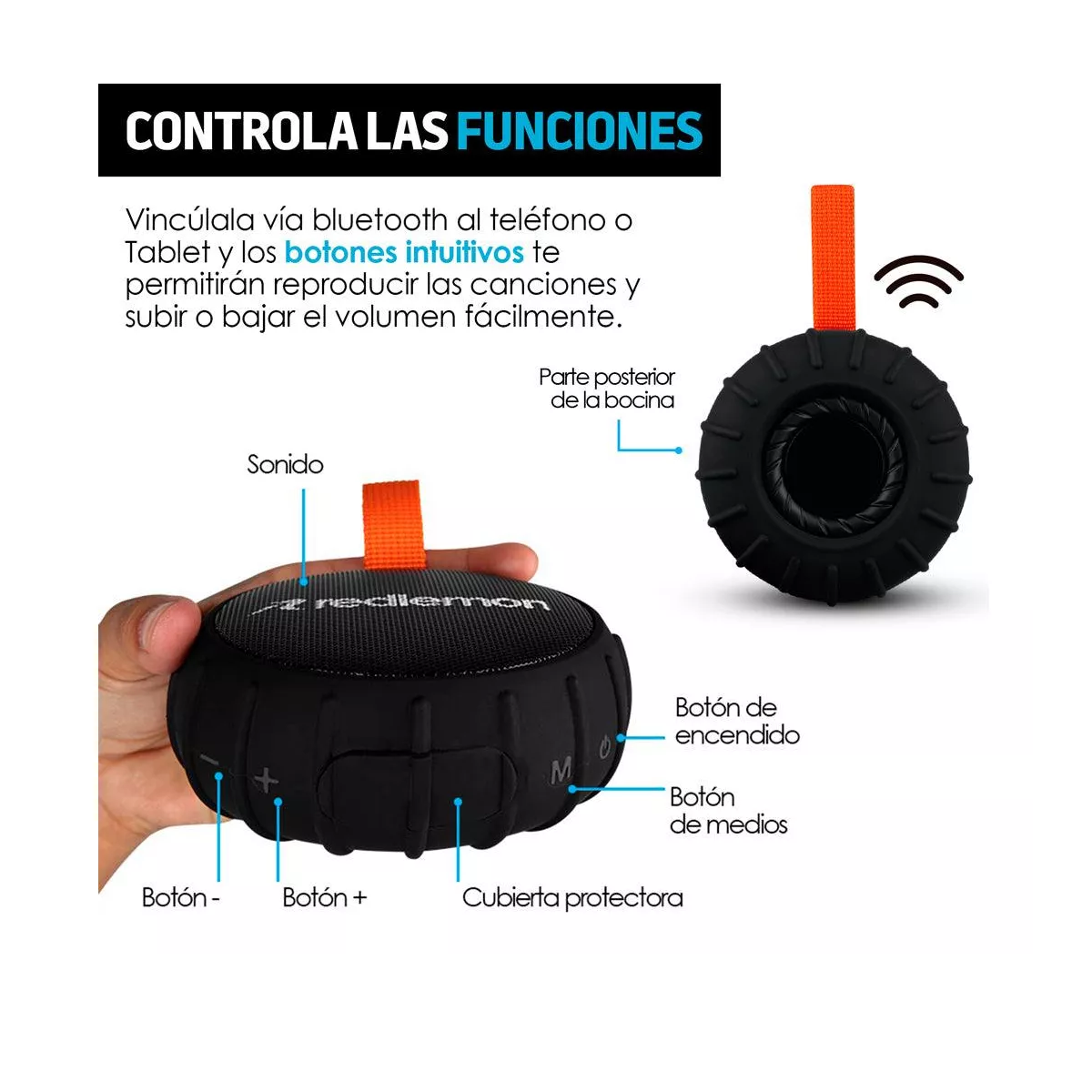 Redlemon Bocina Bluetooth Inalámbrica Portátil Contra Agua Resistente a Golpes y Caídas, Potente Sonido High Definition con Manos Libres y Batería de Hasta 12 Horas Continuas. Ideal para Exteriores