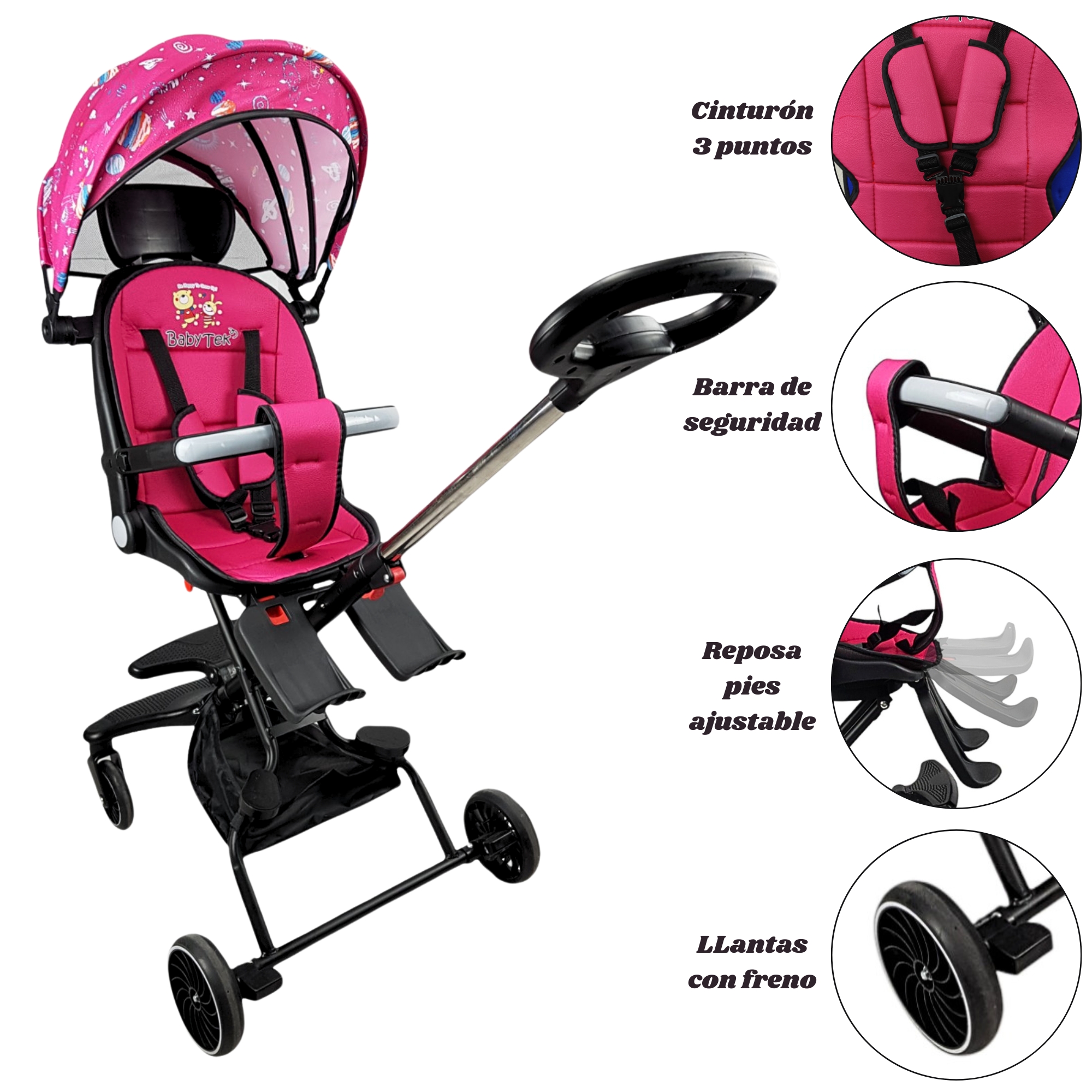 Carriola para Bebé Giratorio,Frenos,Plegable y Reclinable - Rosa.