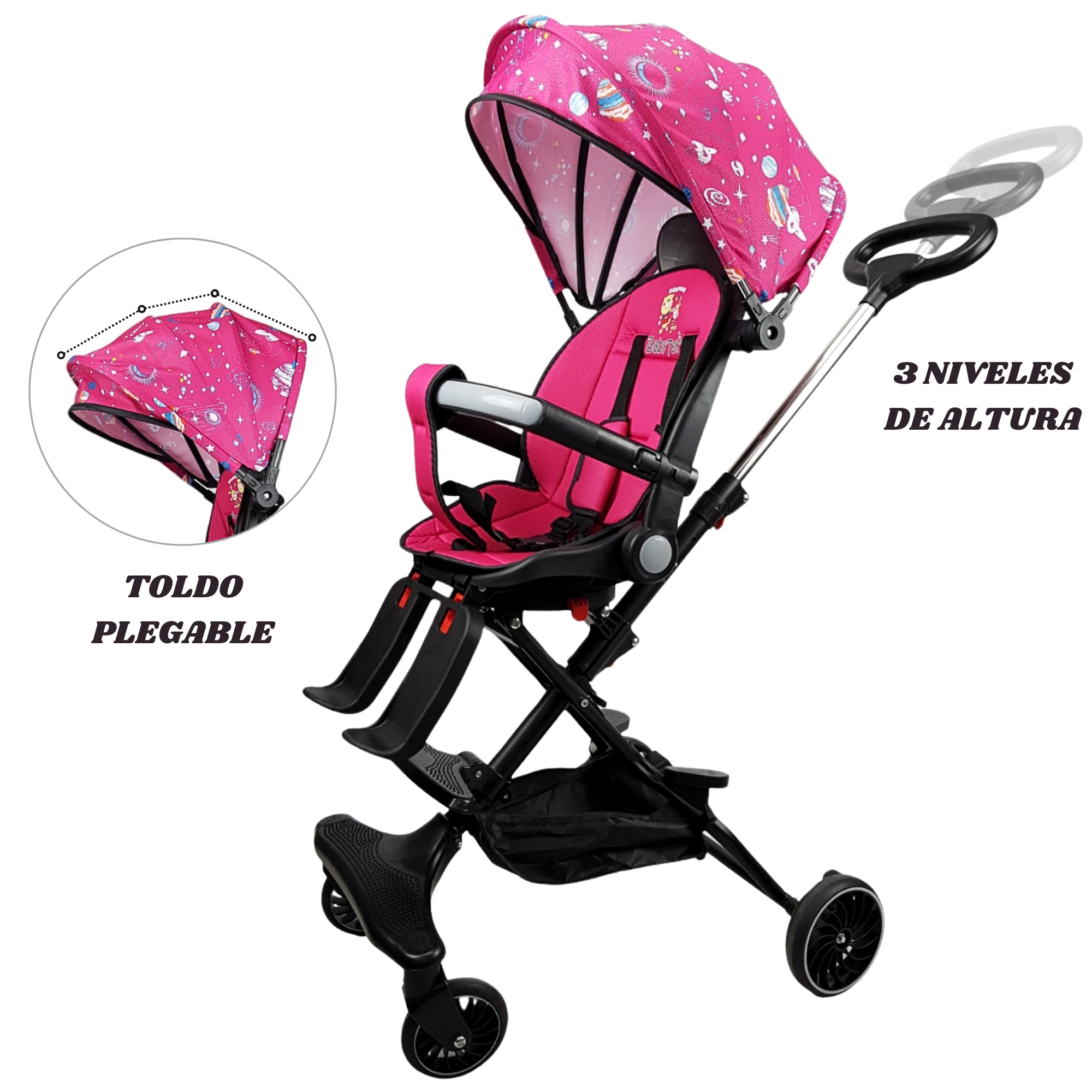 Carriola para Bebé Giratorio,Frenos,Plegable y Reclinable - Rosa.