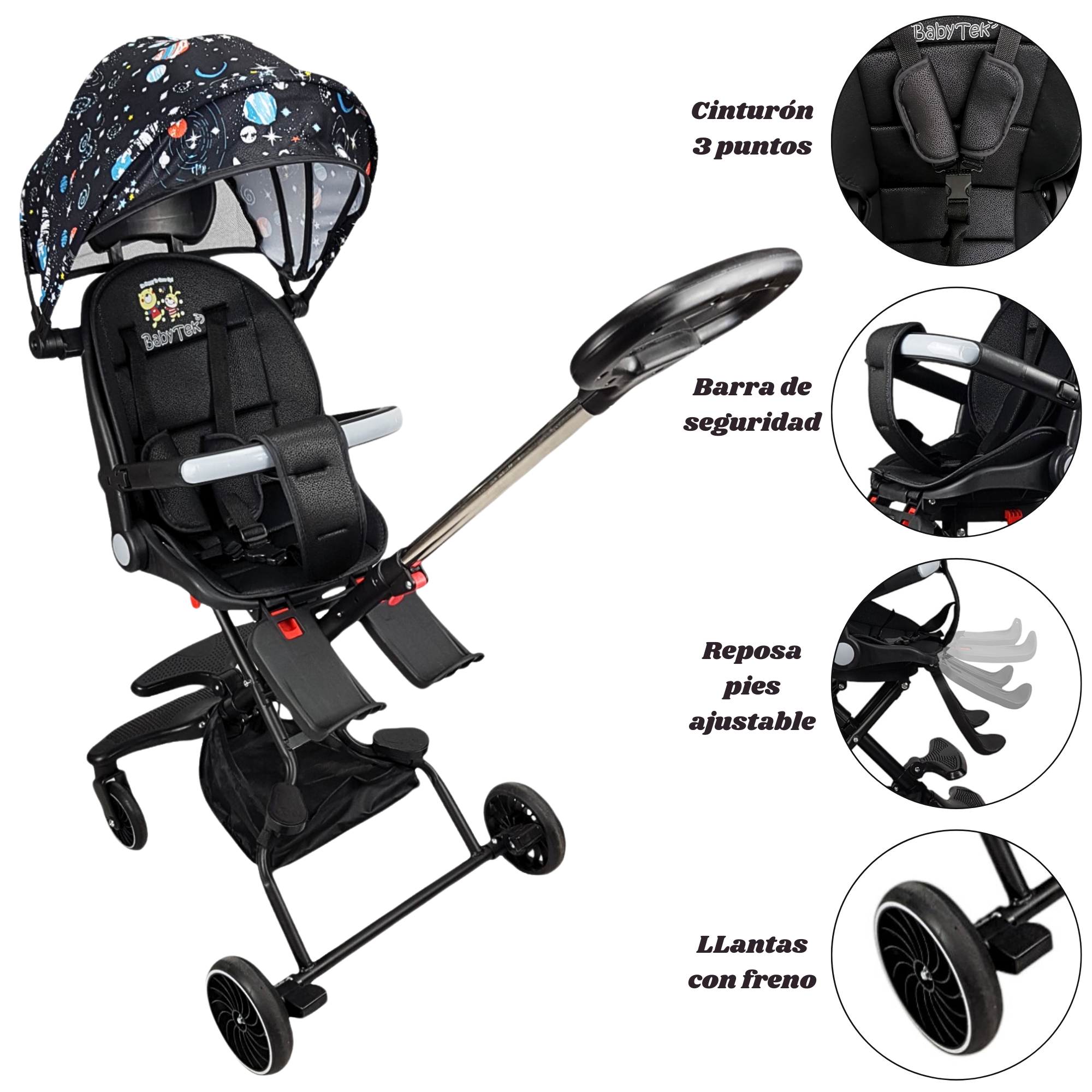 Carriola para Bebé Giratoria,Frenos,Plegable y Reclinable - Negro.