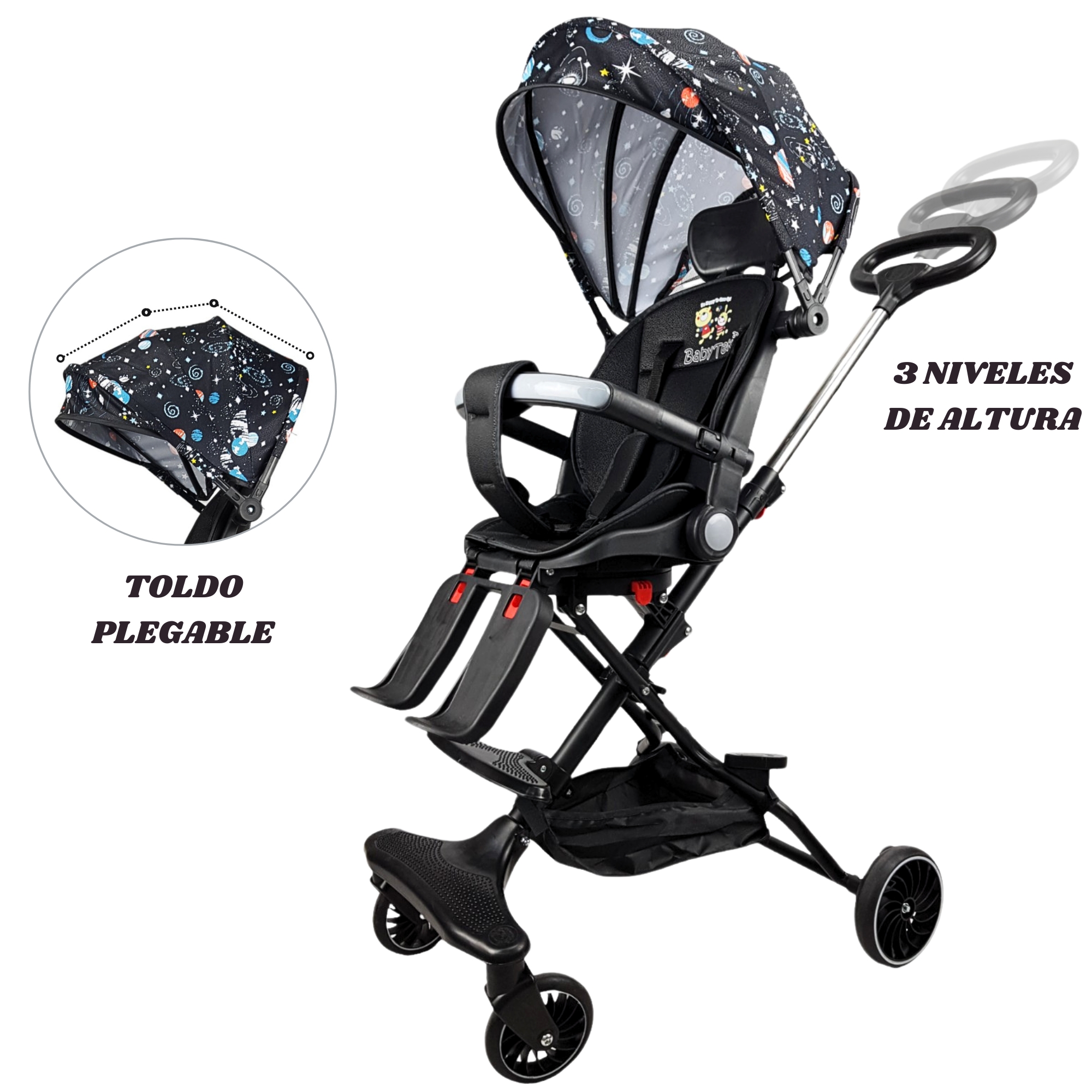 Carriola para Bebé Giratoria,Frenos,Plegable y Reclinable - Negro.