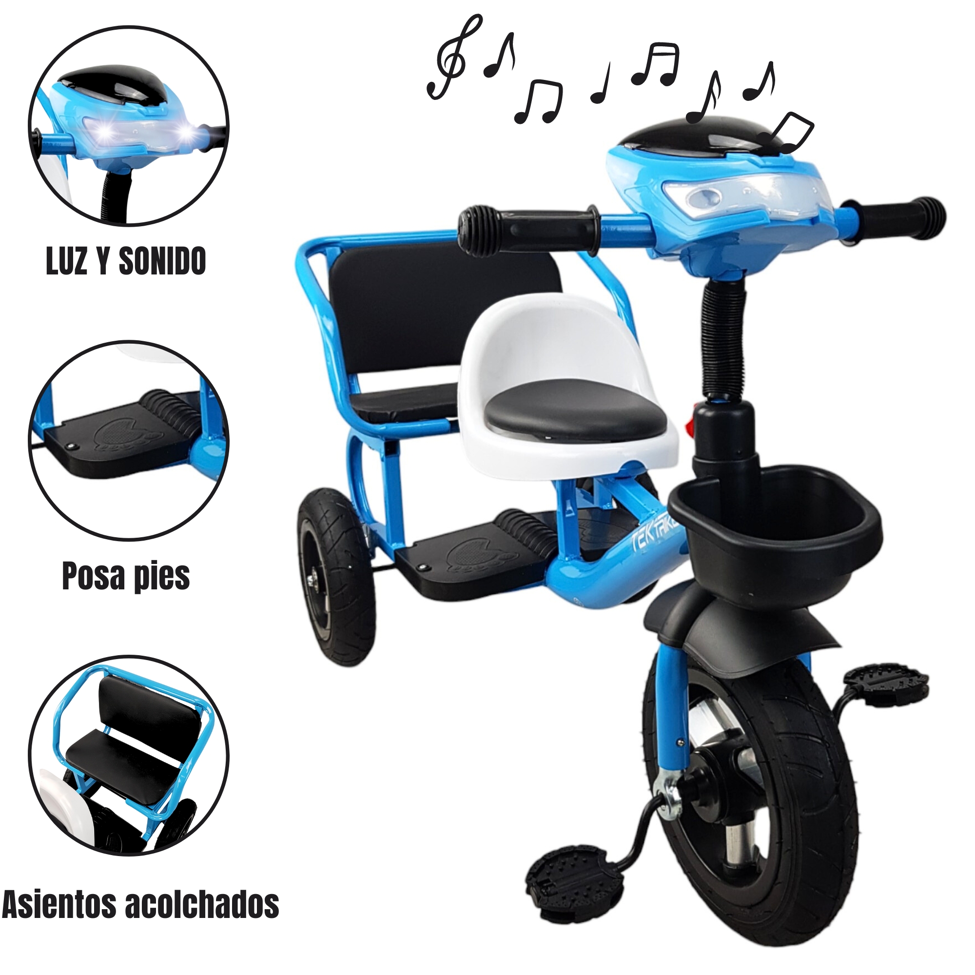 Triciclo para Niños Llantas Goma Rellenas, Con Luz y Sonido - Azul.