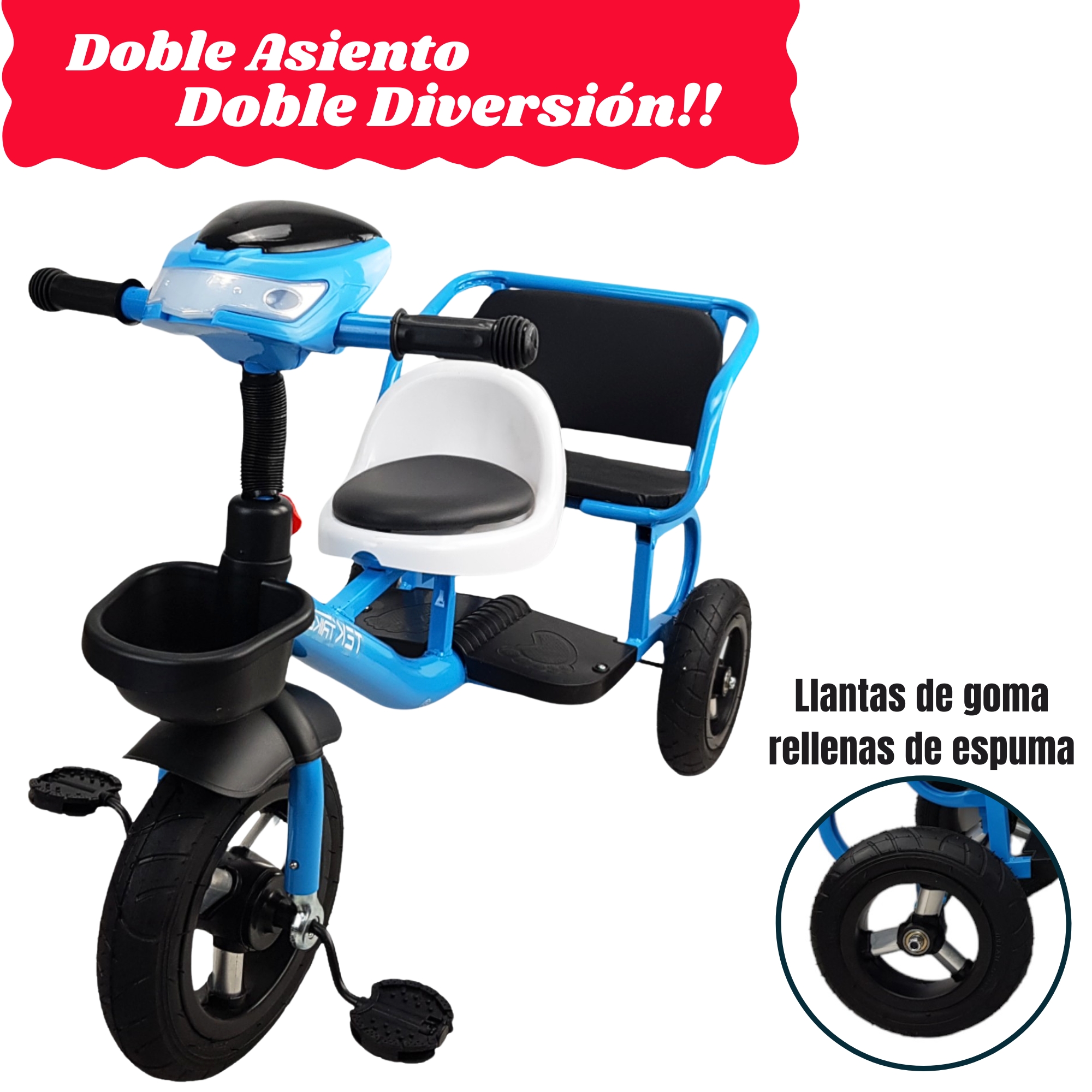 Triciclo para Niños Llantas Goma Rellenas, Con Luz y Sonido - Azul.