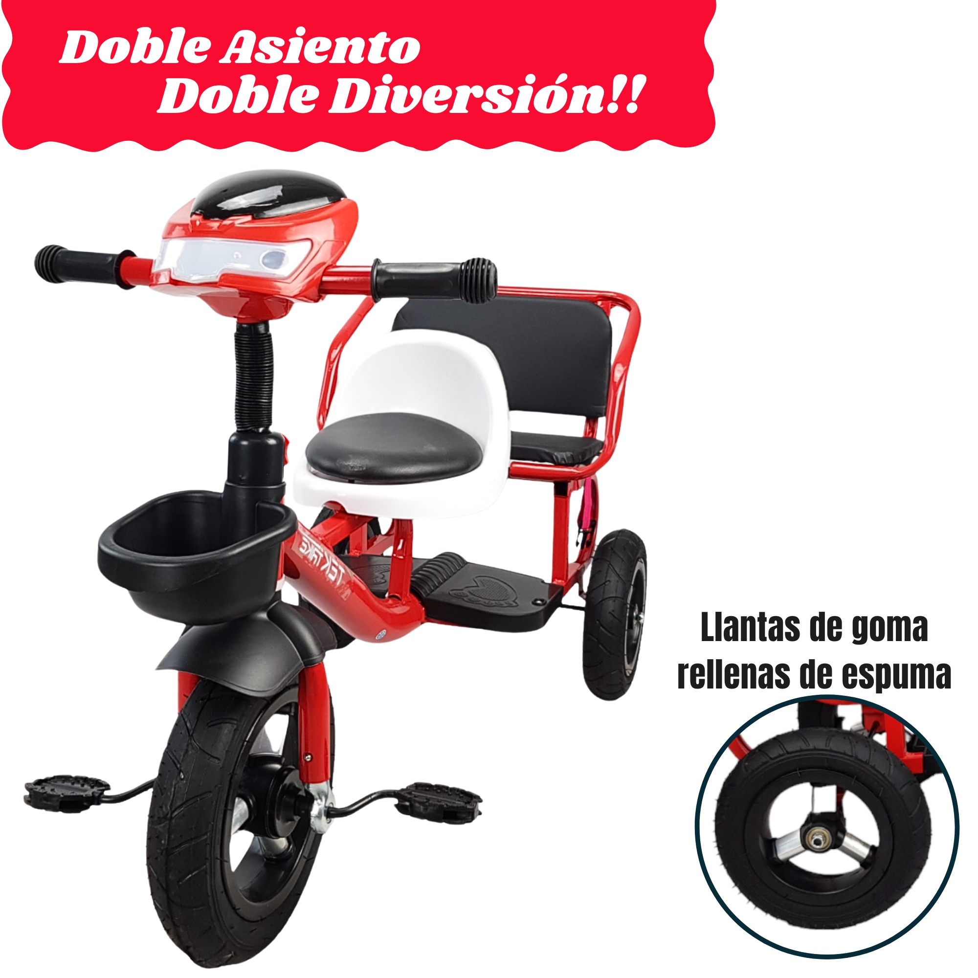 Triciclo para Niños Llantas Goma Rellenas, Con Luz y Sonido - Rojo.