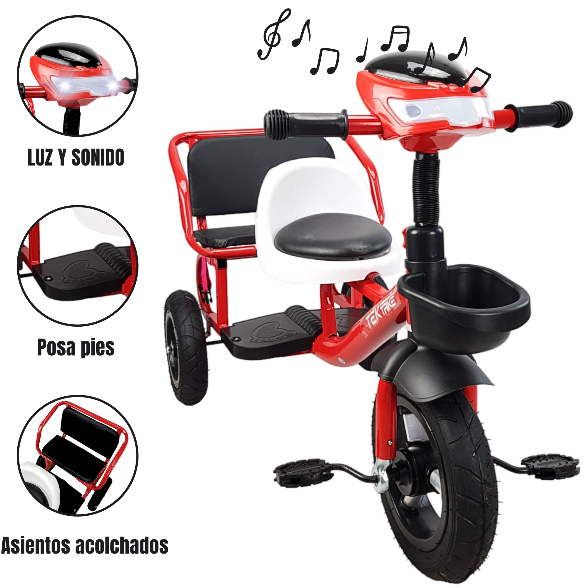 Triciclo para Niños Llantas Goma Rellenas, Con Luz y Sonido - Rojo.