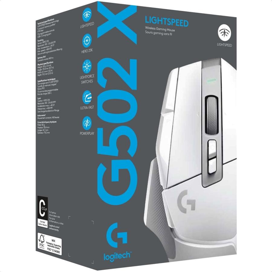 Mouse Logitech G502 X LIGHTSPEED HERO Gaming Inalambrico Optico USB Blanco 910-006188