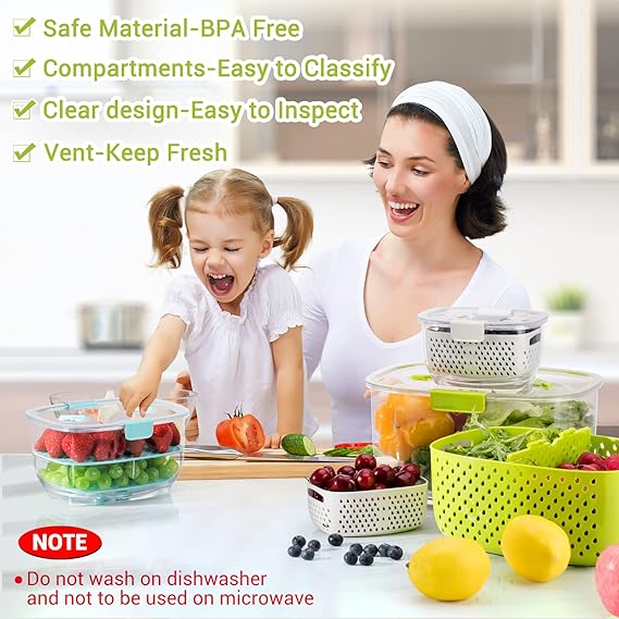 Contenedores Frescos, Luxear Contenedores Para Frutas y Verduras Con Tecnología Fresh Vent,Paquete De 3 Contenedores Para Productos Frescos Sin Bpa,Contenedores Apilables Para Mantener Frescos Con Tapas, Bandeja De Drenaje y Recipientes,Contenedores Frescos Para Refrigerador.