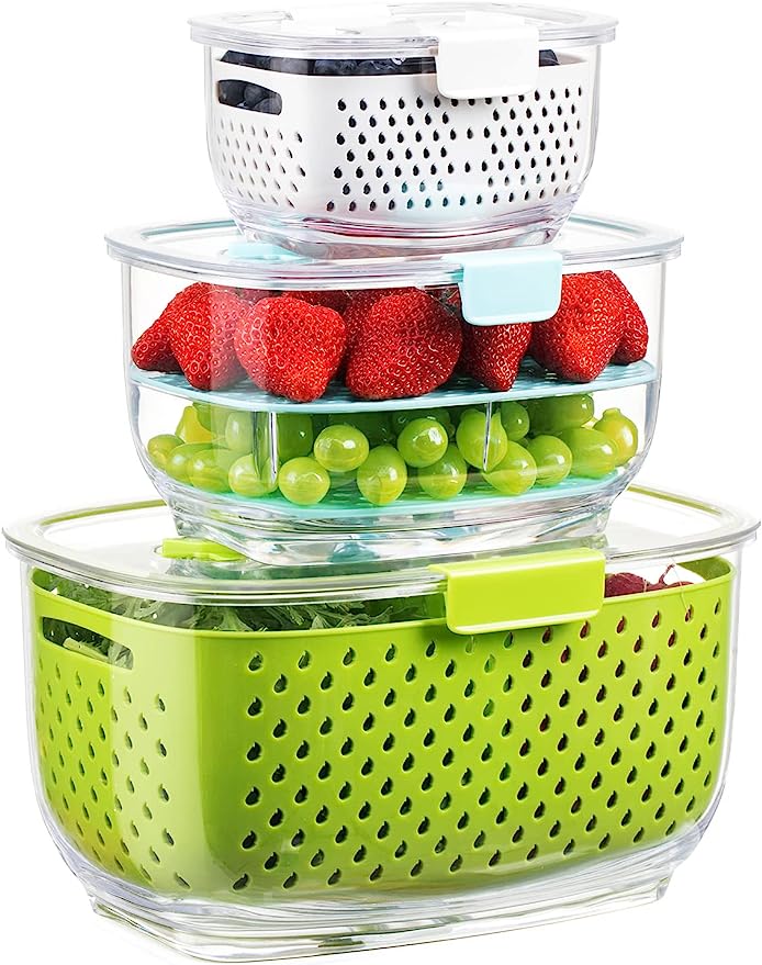 Contenedores Frescos, Luxear Contenedores Para Frutas y Verduras Con Tecnología Fresh Vent,Paquete De 3 Contenedores Para Productos Frescos Sin Bpa,Contenedores Apilables Para Mantener Frescos Con Tapas, Bandeja De Drenaje y Recipientes,Contenedores Frescos Para Refrigerador.