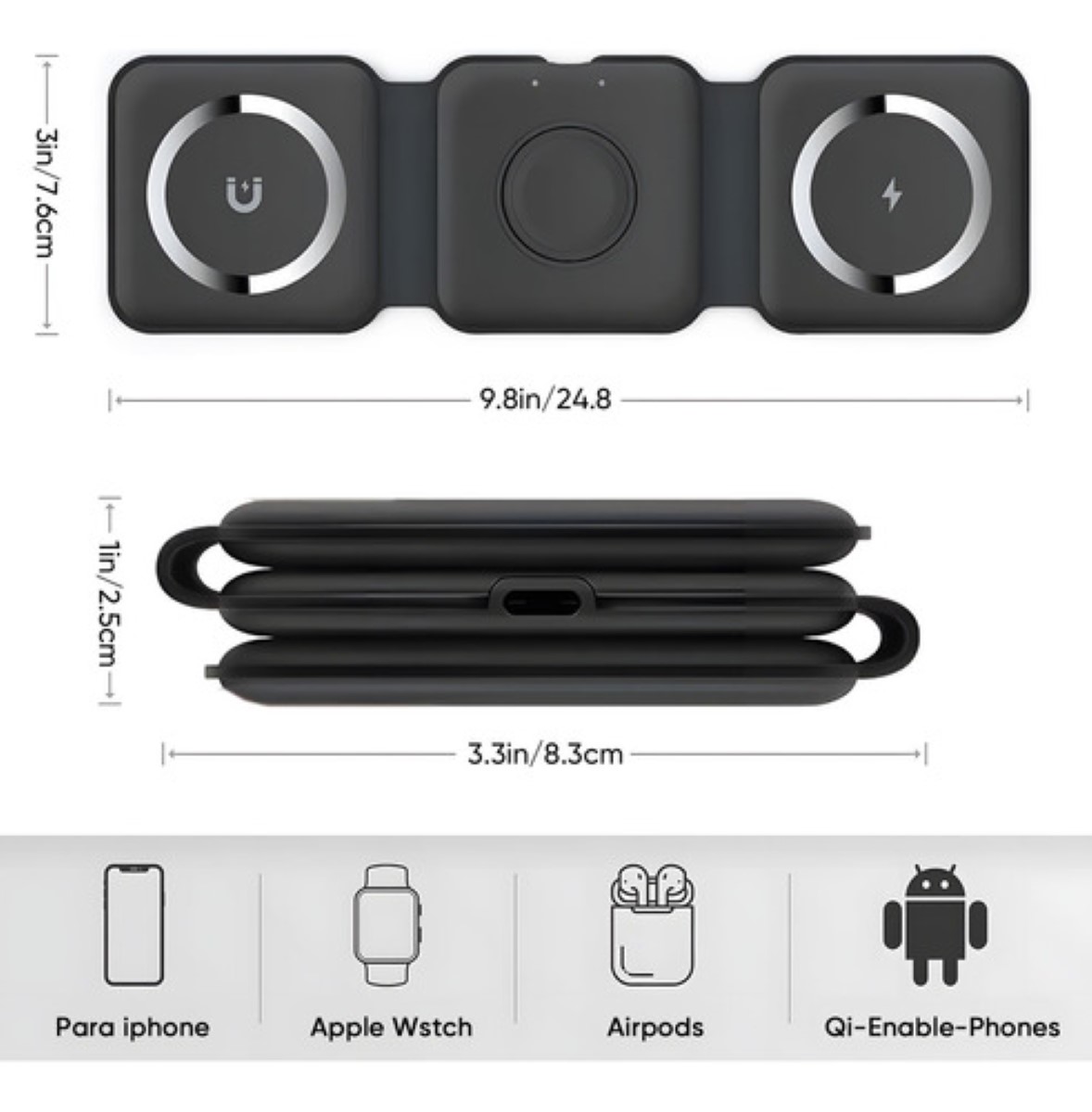 "3 En 1 Cargador Inalámbrico Carga Rápida Para iPhone Samsung negro ".