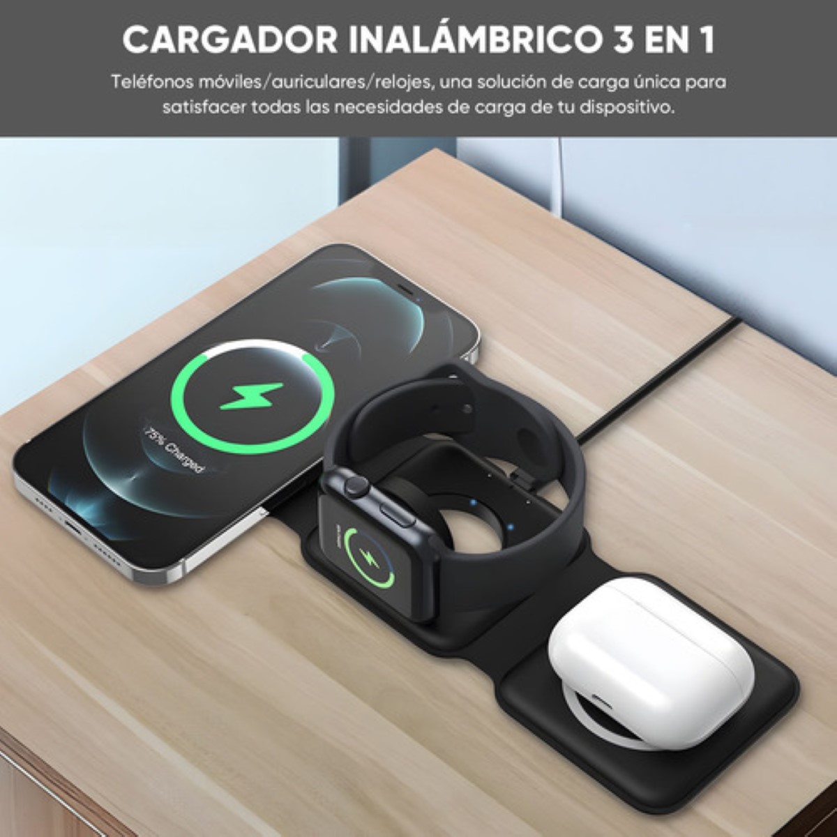 "3 En 1 Cargador Inalámbrico Carga Rápida Para iPhone Samsung negro ".