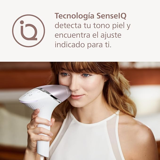 A Philips Lumea Prestige Depiladora IPL, Tecnología Sense IQ, Luz Pulsada, con cable, 4 Cabezales Inteligentes (Cuerpo, Bikini, Axilas y Cara) y SmartSkin Sensor, incluye un Recortador Precisión.