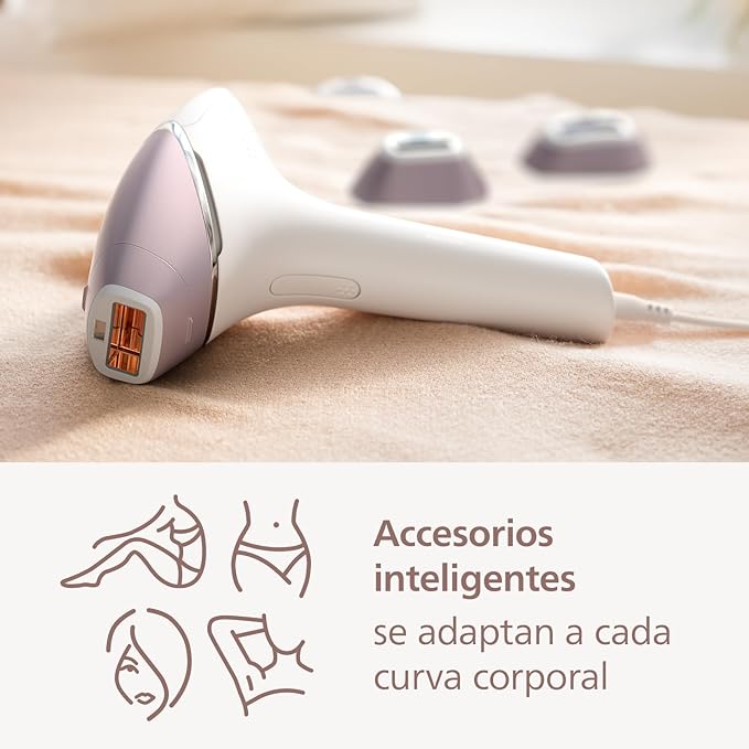 A Philips Lumea Prestige Depiladora IPL, Tecnología Sense IQ, Luz Pulsada, con cable, 4 Cabezales Inteligentes (Cuerpo, Bikini, Axilas y Cara) y SmartSkin Sensor, incluye un Recortador Precisión.