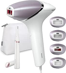 A Philips Lumea Prestige Depiladora IPL, Tecnología Sense IQ, Luz Pulsada, con cable, 4 Cabezales Inteligentes (Cuerpo, Bikini, Axilas y Cara) y SmartSkin Sensor, incluye un Recortador Precisión.