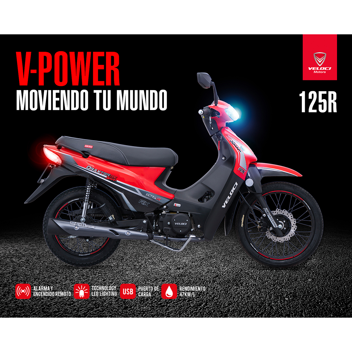 Motocicleta Veloci Draxter RX Sport 125 CC Rojo 2024.