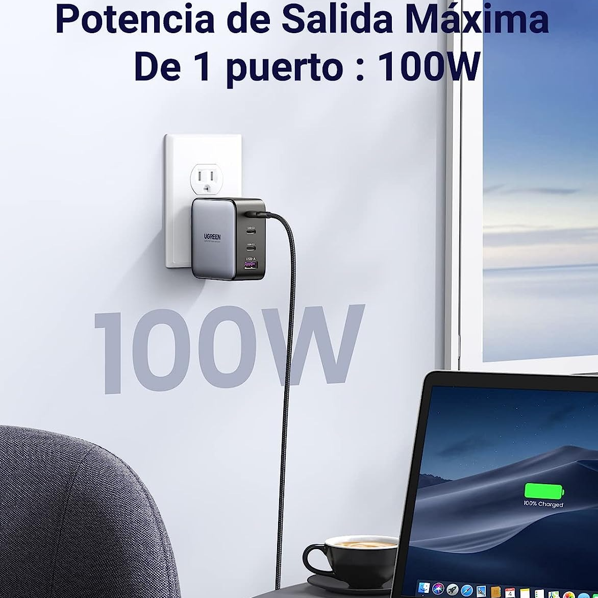 UGREEN GaN X 100W Cargador USB C GAN con 4 Puertos.