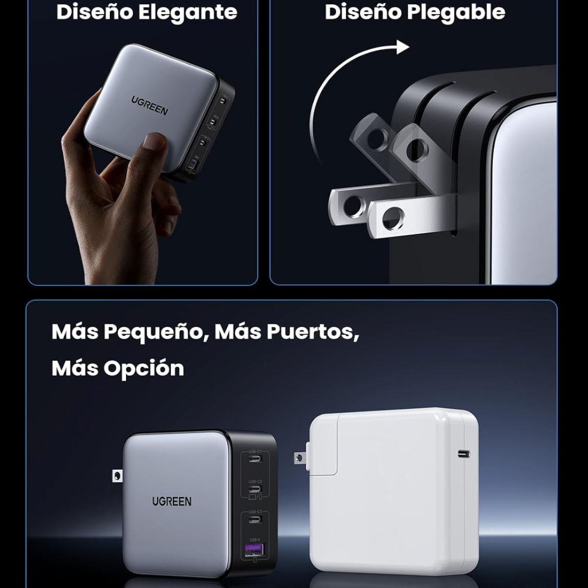 UGREEN GaN X 100W Cargador USB C GAN con 4 Puertos.