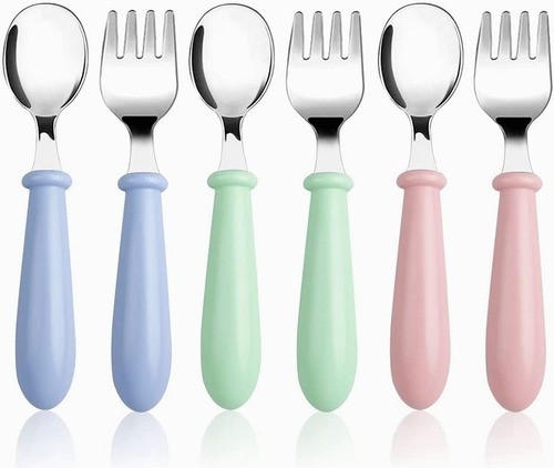 "6 Pcs Acero Inoxidable Bebés Kit Cubiertos Cuchara Tenedor Rosa, Verde y Azul "