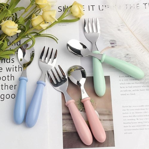 "6 Pcs Acero Inoxidable Bebés Kit Cubiertos Cuchara Tenedor Rosa, Verde y Azul "