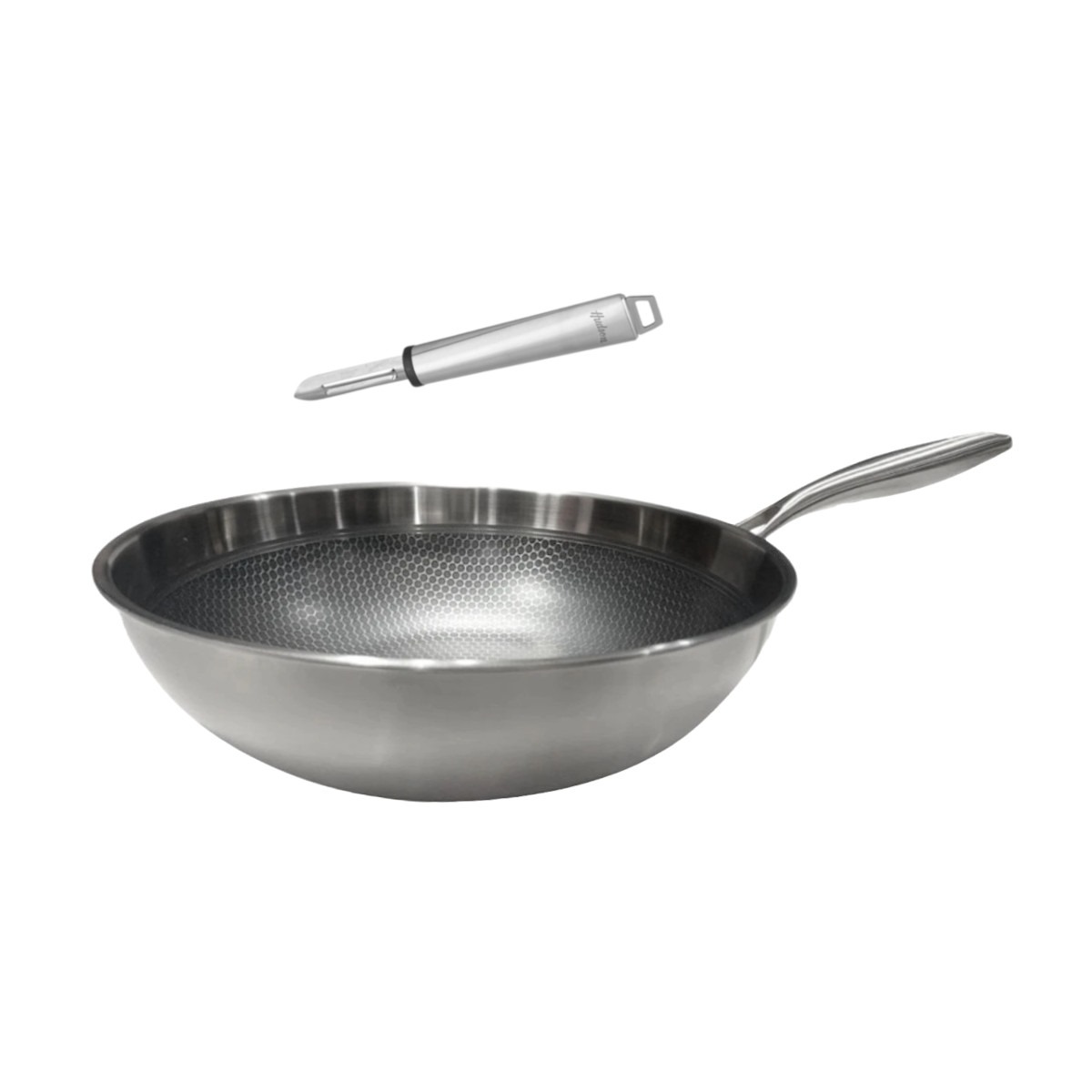 Wok HUDSON Acero Inoxidable 30cm espesor 2mm y pelador manual.