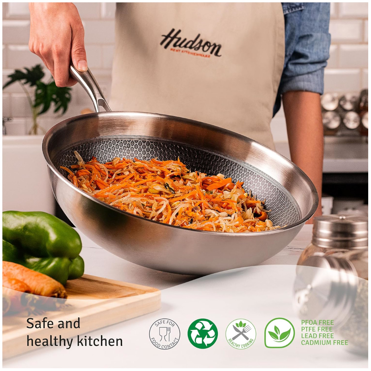 Wok HUDSON Acero Inoxidable 30cm espesor 2mm y pelador manual.