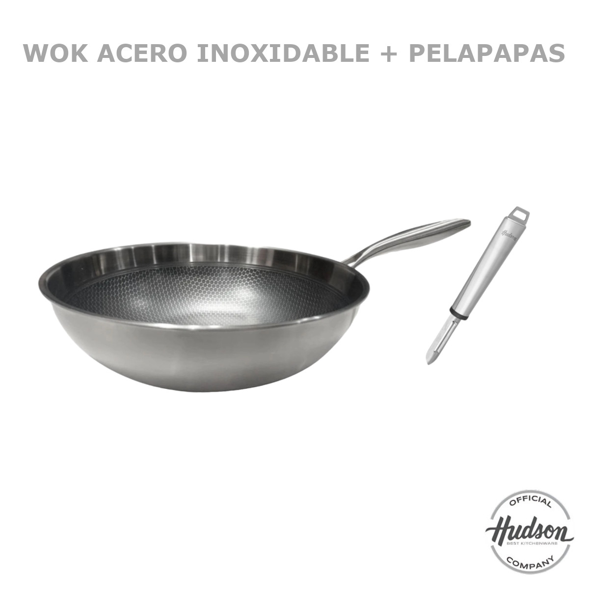 Wok HUDSON Acero Inoxidable 30cm espesor 2mm y pelador manual.