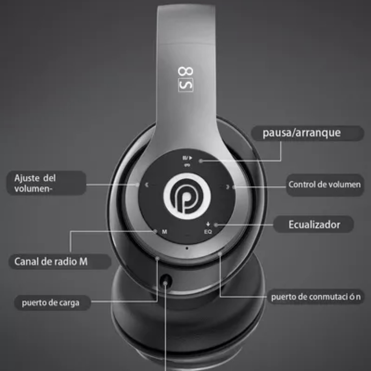 Audífonos gamer inalámbricos Emuael Bluetooth 8S B08ND51MX8 negro con luz LED 52 horas llamadas manos libres Compatible con iOS y Android.