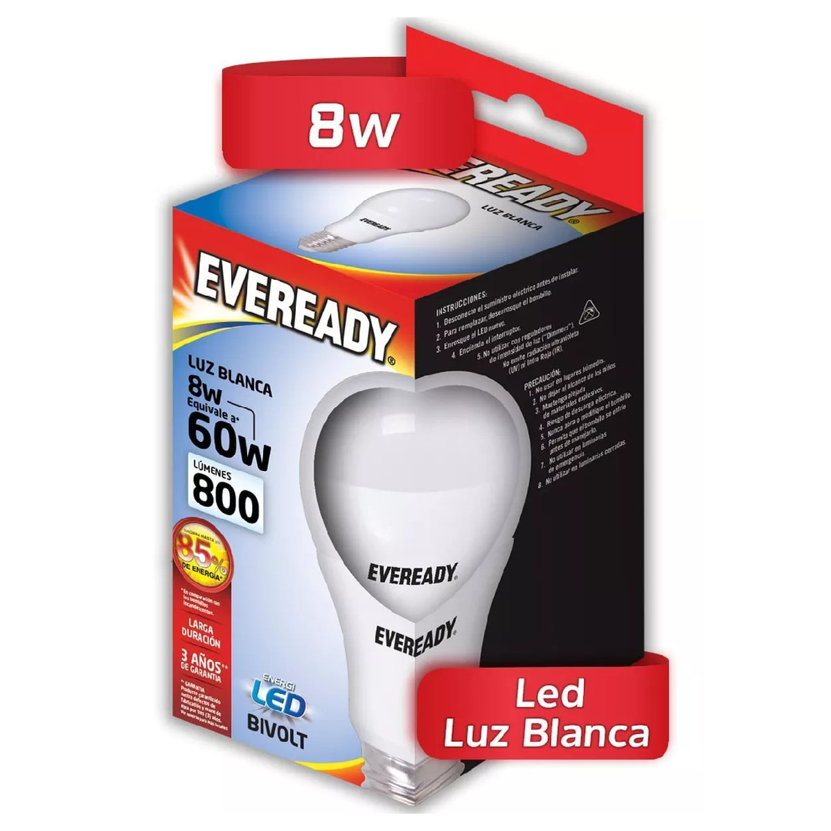 Foco Led Eveready ahorrador 8W 800 Lúmenes luz Blanca.