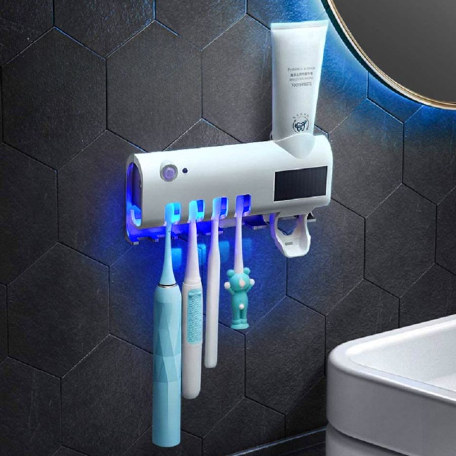 Almacenamiento Esterilizador desinfectante de cepillo de dientes con despachador de pasta.
