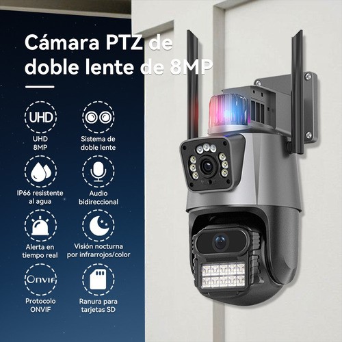 "Cámara De Seguridad Doble Lente 8mp Con Tarjeta Sd 128gb Gris "