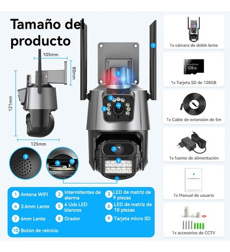 "Cámara De Seguridad Doble Lente 8mp Con Tarjeta Sd 128gb Gris "