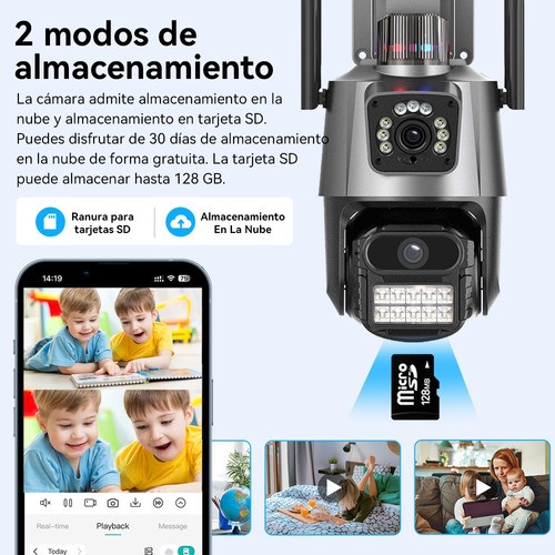 "Cámara De Seguridad Doble Lente 8mp Con Tarjeta Sd 128gb Gris "