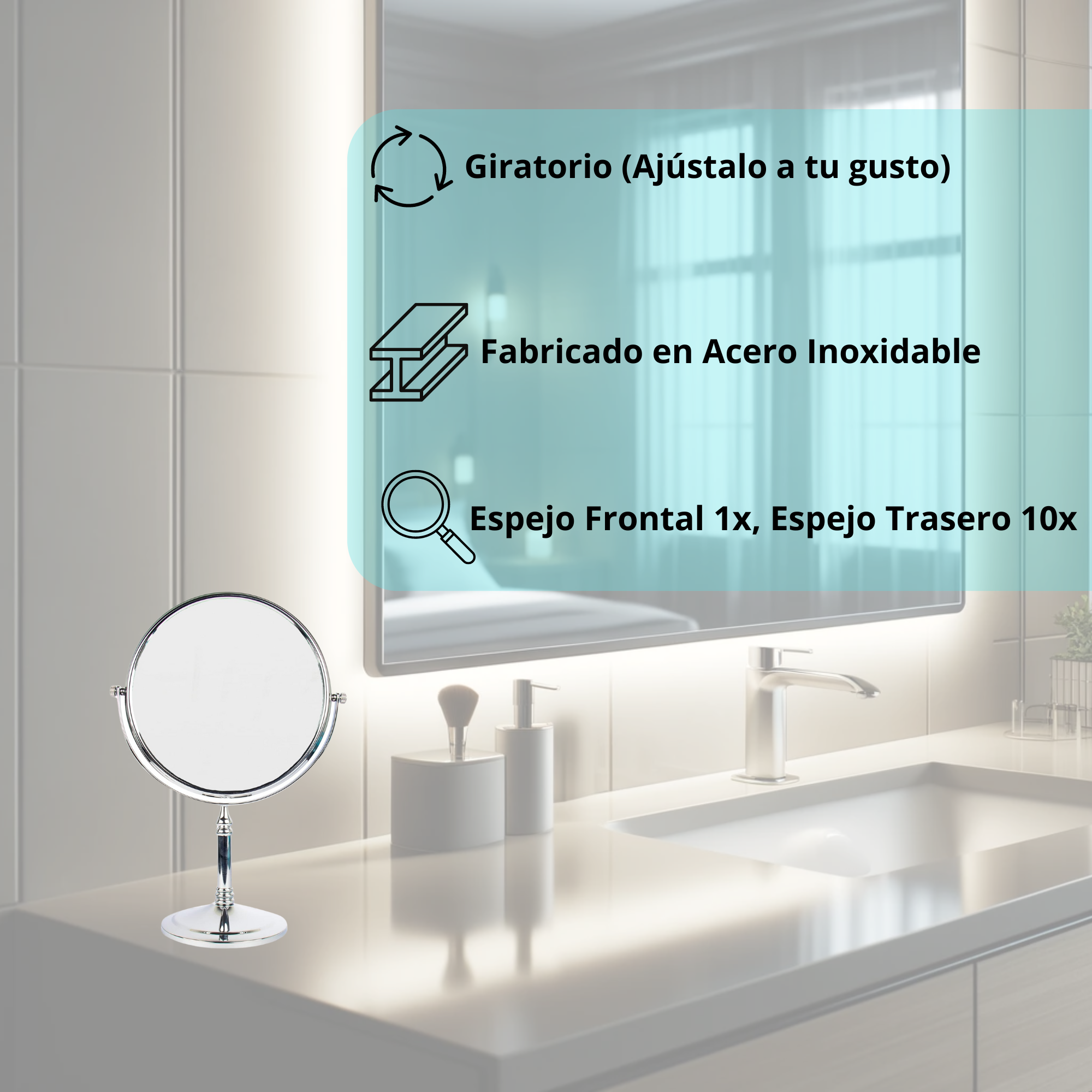 CNX Espejo de Acero Inoxidable 8 Pulgadas Con Base (ideal para maquillaje o aseo facial).